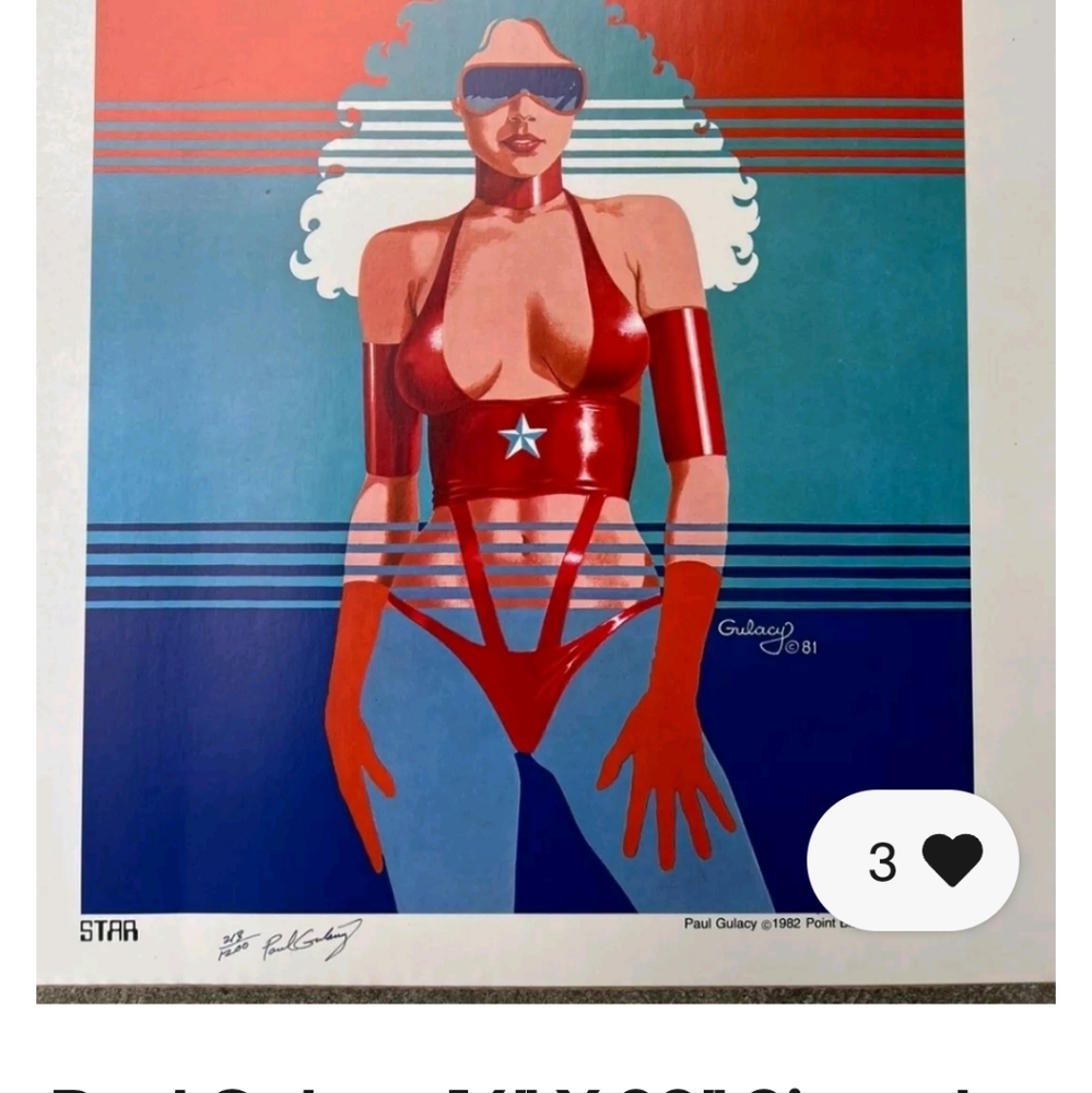 Retro Red and Blue Lithograph Art Print Signed And Numbered By Paul Gulacy.